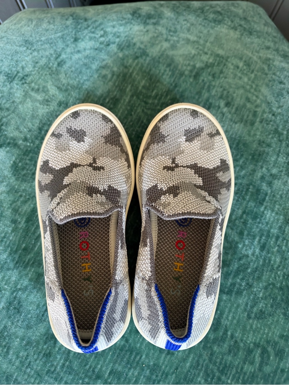 Rothy's Kids Gray Camo Slip-On Sneakers with Blue Heel Tab